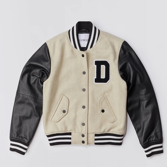 NWT - Anthropologie Deadwood Recycled Lambskin Leather Sleeves Varsity Jacket​ - Picture 3 of 8